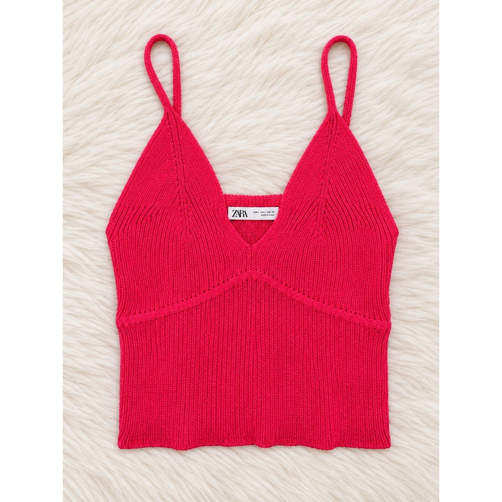 Zara Hot Pink Ribbed Knit Tank Top Cropped Sweater Camisole Y2K Trendy
